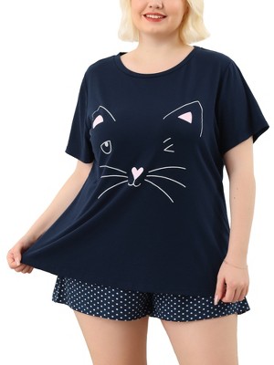 Agnes Orinda Women's Plus Size Comfort Cute Cat Print Short Sleeve Pajama Set