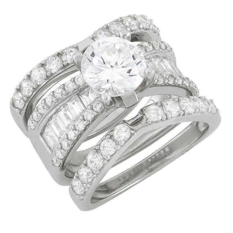 3.91 CT. T.W. 8mm Round-Cut Cubic Zirconia with Baguette Side Stones 3-Piece Ring Set In Sterling Silver - (8), 3 of 4
