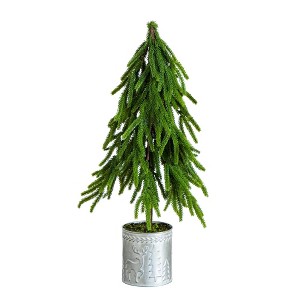 Nearly Natural 20" Artificial Real Touch Down Swept Norfolk Island Pine in Christmas Tin Metal Planter - 1 of 4
