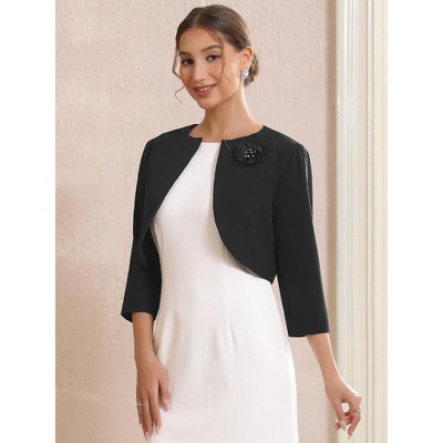 Женские куртки INSPIRE CHIC Women's Crew Neck Formal Bolero 3/4 Sleeves Open Front Cropped Shrugs Small Black — фото 2