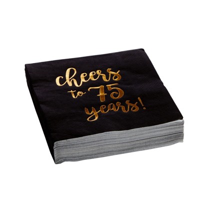 Black and Gold Cheers to 75 Years Cocktail Napkins, 50-Pack