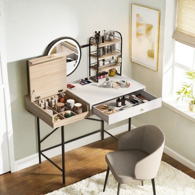 NicBex Vanity Desk with Mirror 40" Vanity Table with Mirror, Wireless Charging Station, Classic Wood Makeup Vanity with 3 Open Shelves