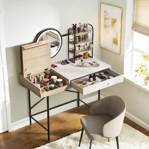 NicBex Vanity Desk with Mirror 40" Vanity Table with Mirror, Wireless Charging Station, Classic Wood Makeup Vanity with 3 Open Shelves - 1 of 4