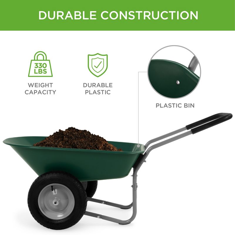 Best Choice Products Dual-Wheel Home Wheelbarrow Yard Garden Cart for Lawn, Construction - Green, 4 of 9