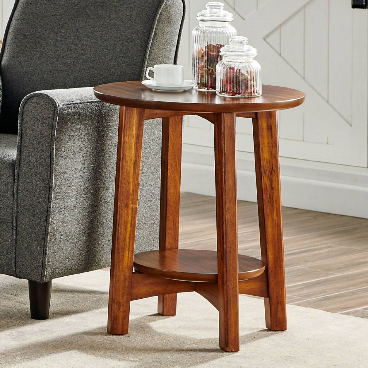 Monterey Round Mid Century Modern Wood End Table Chestnut - Alaterre Furniture: Tapered Legs, Floating Shelf - thumbnail 7