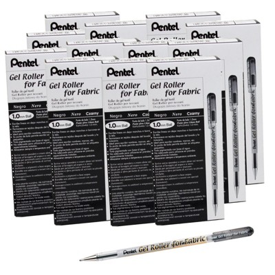 Pentel Gel Roller for Fabric, Black, Pack of 12