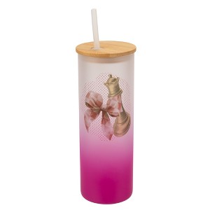 Elanze Designs 25 Ounce Frosted Glass Gradient Travel Tumbler With Straw and Wooden Lid, Chess Piece With Bow Pink - 1 of 1