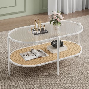 37.4" Oval 2-Tier Rattan Coffee Table with Tempered Glass Top and Metal Leg for Living Room Office Home - 1 of 4