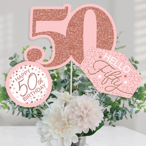 Big Dot of Happiness 50th Pink Rose Gold Birthday - Happy Birthday Party  Centerpiece Sticks - Table Toppers - Set of 15