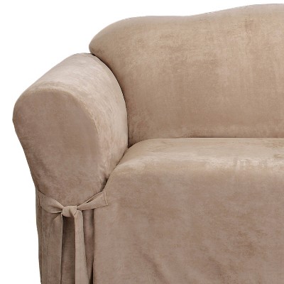 Taupe Stretch Suede Loveseat Slipcover with Side Ties