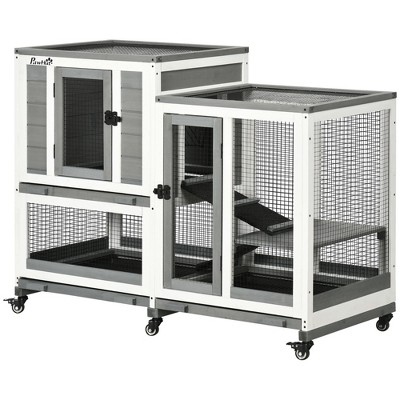 Skyzone Elevated Wooden Rabbit Hutch with 2-Floor Design, Lockable Doors, Openable Top & No-Leak