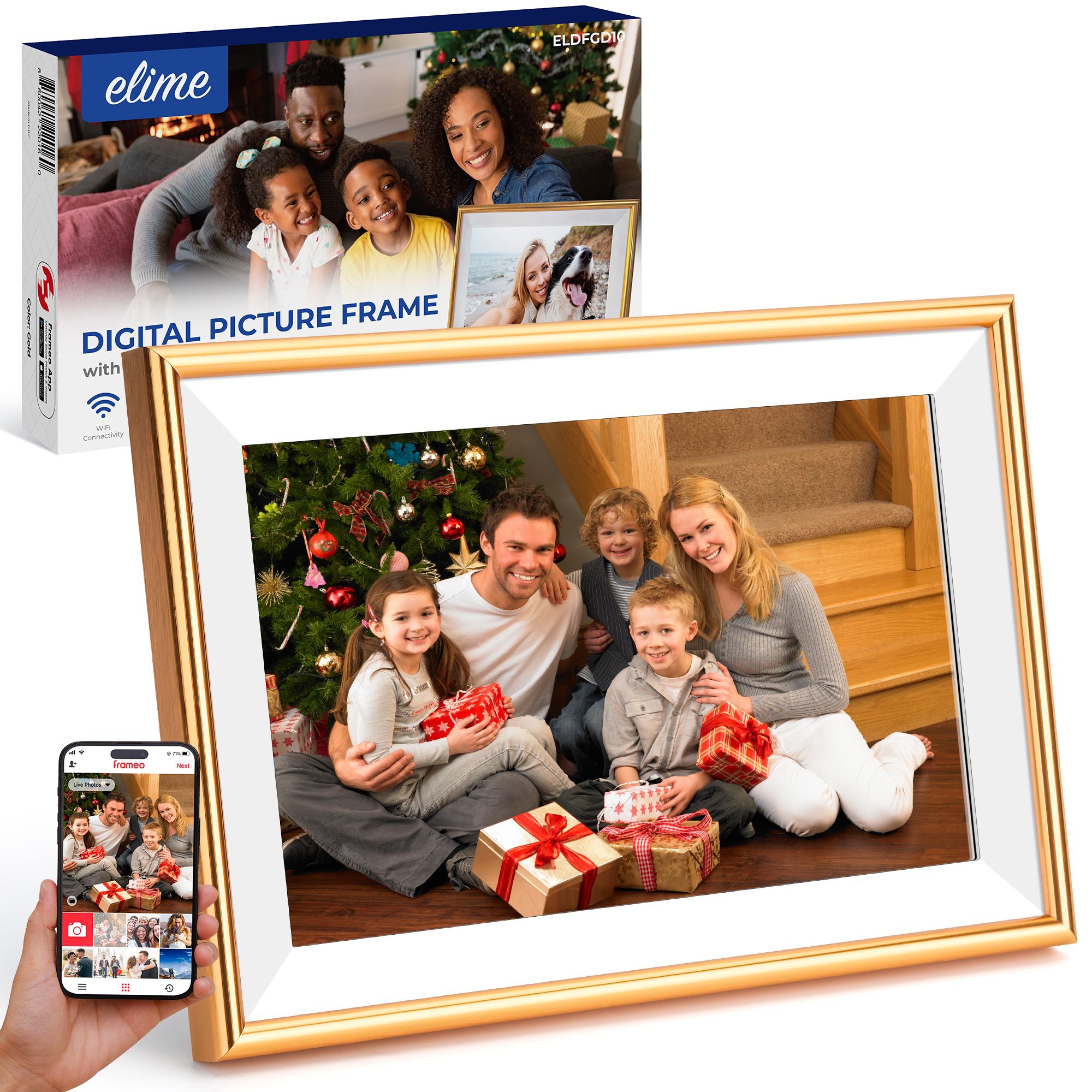 ELIME 10.1 inch WiFi Frameo Digital Photo Frame - Aluminum Frame - 32GB Storage, Micro SD Slot, Gold