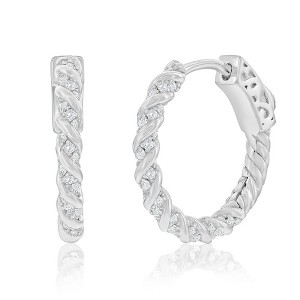 Bella Silver Sterling Silver, 19mm Rope Design CZ Hoop Earrings - Silver - 1 of 2
