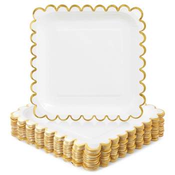 Blue Panda 48 Pack Square White and Gold Paper Plates with Foil Scalloped Edges for Wedding, Bridal Shower, Birthday, 7 In