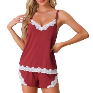 cheibear Women's Lace V-neck Cami Sleepwear Shorts 2 Pcs Set - 1 of 4