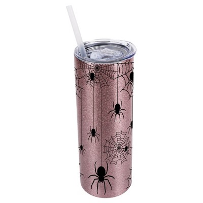 Elanze Designs Bubblegum Pink 20 Ounce Double Wall Stainless Steel Glitter Travel Tumbler With Sliding Lid And Straw, Spiders