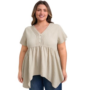 GRACE & GRANDEUR Women's Plus Size Pintuck Texture V Neck Short Sleeve Button Decor Asymmetric Hem Casual Babydoll Blouses - 1 of 4