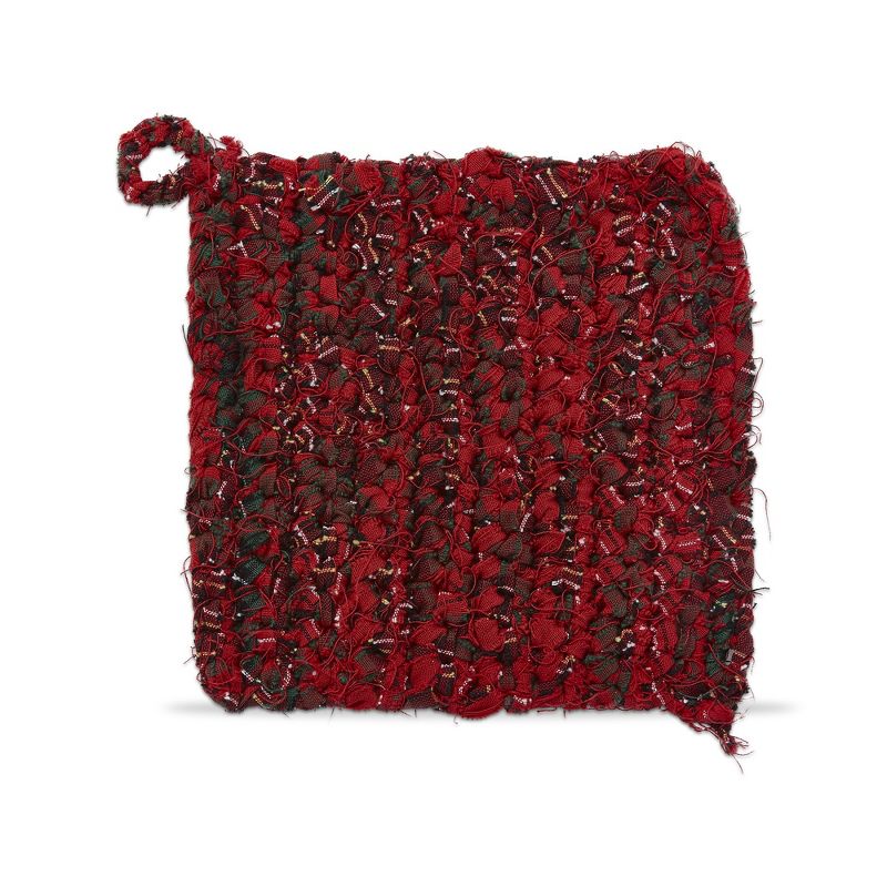 tag Chindi Crochet Plaid Potholder Trivet Red Cotton Machine Wash, 8.0"L x 8.0"W x .75"H, 1 of 2