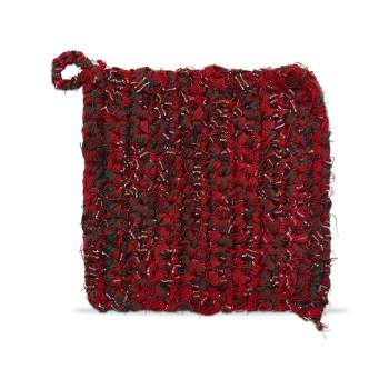 tag Chindi Crochet Plaid Potholder Trivet Red Cotton Machine Wash, 8.0"L x 8.0"W x .75"H