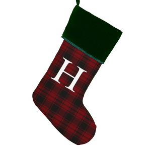 Personalization Mall Christmas Plaid Initial Christmas Stocking, Green Cuff - 1 of 2