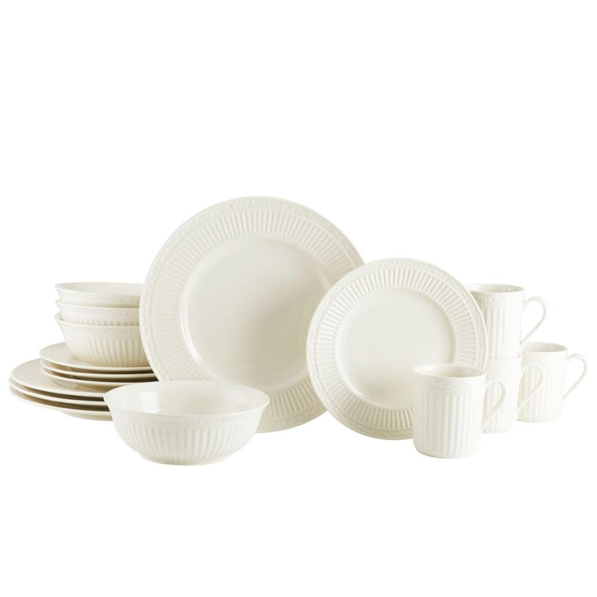 Mikasa Italian Countryside 16-Piece Dinnerware Set - Classic White Porcelain with Fluted Bands - Dinner Plates, Salad Plates, Bowls, and Mugs