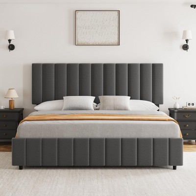 homfan Bed Frame with 4 Storage Drawers, Linen Upholstered Platform Bed Frame, Adjustable Height Headboard, No Box Spring Needed, Easy to Assembly
