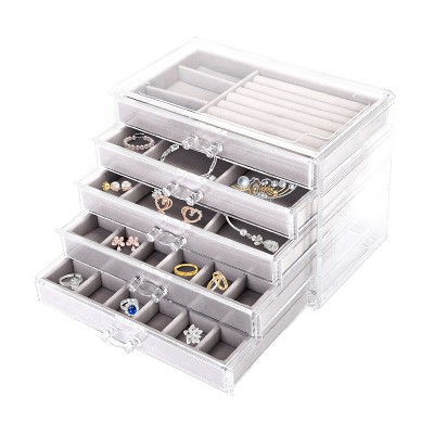 iMountek "Clear Acrylic Jewelry Box Organizer with 5 Drawers, Velvet Lined Storage Case for Earrings & Rings"Grey