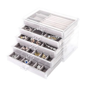 iMountek "Clear Acrylic Jewelry Box Organizer with 5 Drawers, Velvet Lined Storage Case for Earrings & Rings"Grey - 1 of 4