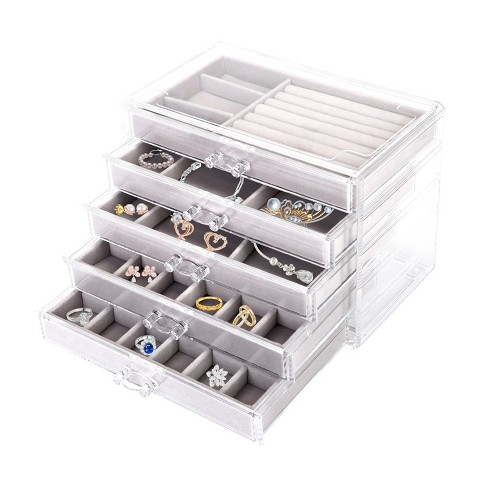 iMountek "Clear Acrylic Jewelry Box Organizer with 5 Drawers, Velvet Lined Storage Case for Earrings & Rings"Grey - image 1 of 4