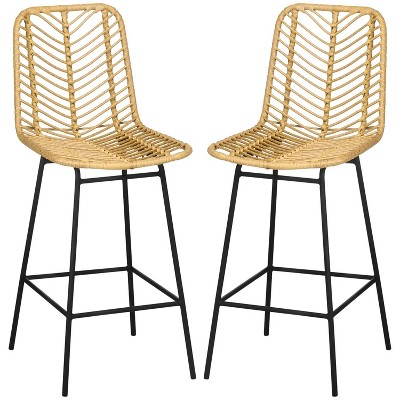 Rattan Bar Stools Set of 2, 26" Counter Height Barstools, Boho Kitchen Island Stools with Breathable Wicker Seat and Back, Yellow