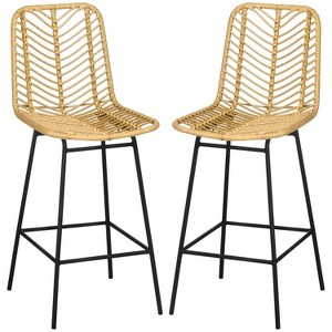 Rattan Bar Stools Set of 2, 26" Counter Height Barstools, Boho Kitchen Island Stools with Breathable Wicker Seat and Back, Yellow - 1 of 4