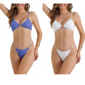 INSPIRE CHIC Women's Square Ring Adjustable Spaghetti Straps Triangle Bottoms Swimwear Bathing Bikini Suits 2 Sets - 1 of 4