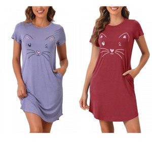 INSPIRE CHIC Women's 2 Pcs Cats Printing Pajamas Cute Printed Sleep Dress Short Sleeve Nightgowns - 1 of 4