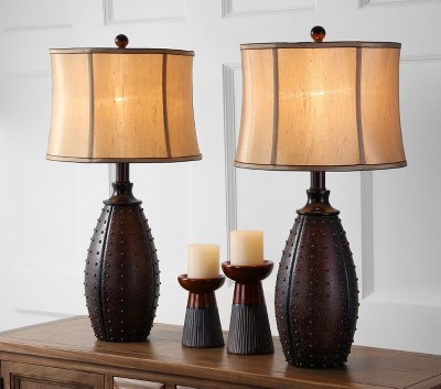 Santa Fe Rustic Brown Studded Faux Leather Table Lamp Set with Beige Shades