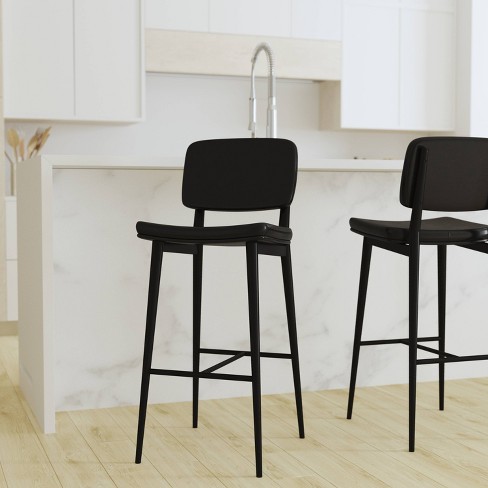 Set of 2 Faux Leather Contemporary Black Metal Frame Barstools with Integrated Footrest Black Merrick Lane