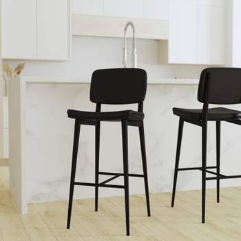 Set of 2 Faux Leather Contemporary Black Metal Frame Barstools with Integrated Footrest - Merrick Lane