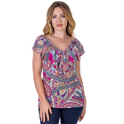 24seven Comfort Apparel Cap Sleeve Pink Paisley Print Ruffle V Neck Womens  Top-Multicolored-S