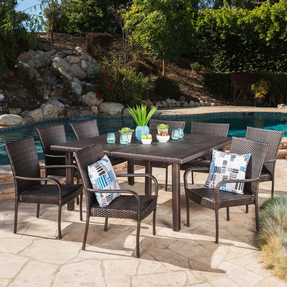 Fiona 9pc Wicker Dining Set – Brown – Christopher Knight Home  – Patio​