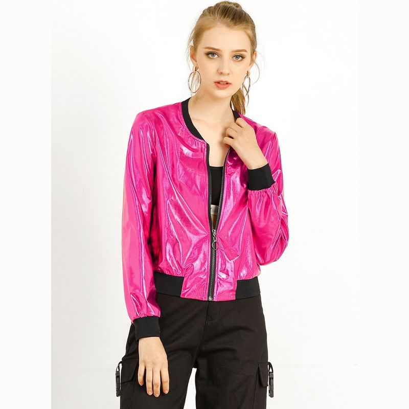 Allegra K Women's Holographic Fashion Stand Collar Metallic Lightweight Zip Bomber Jacket, 4 of 8