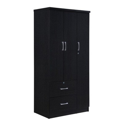 Hodedah Import Contemporary 3 Door Armoire w/ Metal Clothing Rod, 3 Shelves, 1 Standard Drawer, & 1 Locking Drawer for Bedrooms & Rented Rooms