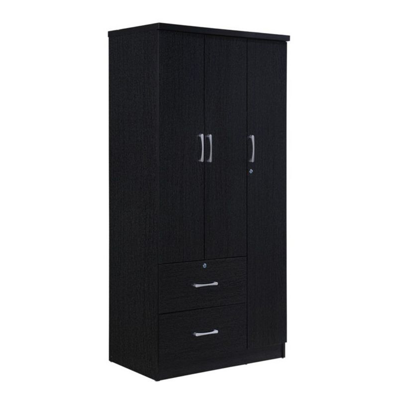 Hodedah Import Contemporary 3 Door Armoire w/ Metal Clothing Rod, 3 Shelves, 1 Standard Drawer, & 1 Locking Drawer for Bedrooms & Rented Rooms, Black, 1 of 7