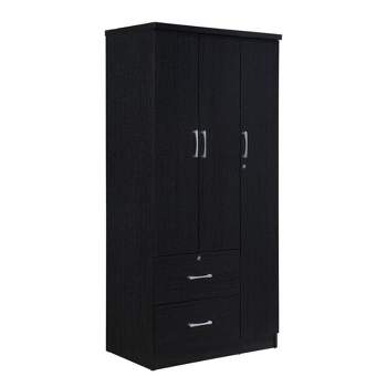 Hodedah Import Contemporary 3 Door Armoire w/ Metal Clothing Rod, 3 Shelves, 1 Standard Drawer, & 1 Locking Drawer for Bedrooms & Rented Rooms, Black