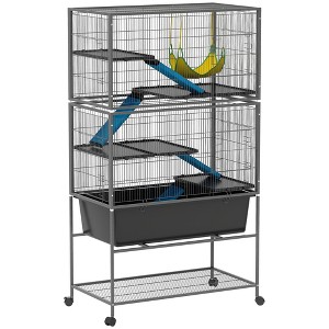 PawHut 59" 5-Level Small Animal Cage, Rolling Ferret Chinchilla Cage with Slide Out 6.3" Deep Tray, Non-Slip Cloth Covered Ramps, Hammock, Dark Gray - 1 of 4