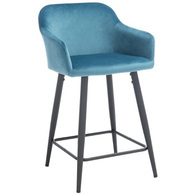 Denim Blue Velvet and Black Metal Counter Stool