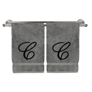 BC BARE COTTON Monogrammed Hand Towel, 100% Turkish Cotton - Set of 2 - Gray - Black Script - 1 of 1