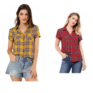 Allegra K Women's Classic Short Sleeve Button Down Plaid Shirt 2 Pcs - 1 of 4