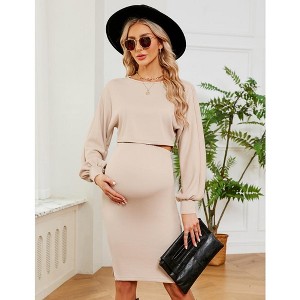 Maternity 2 Piece Outfits Dress Puff Long Sleeve Ribbed Knit Top Bodycon Midi Skirt Sets Baby Shower Photoshoot - 1 of 4