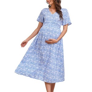 Maternity Dress Ruffle Short Sleeve V Neck Summer Floral Midi Dress for Baby Shower Photoshoot - 1 of 4