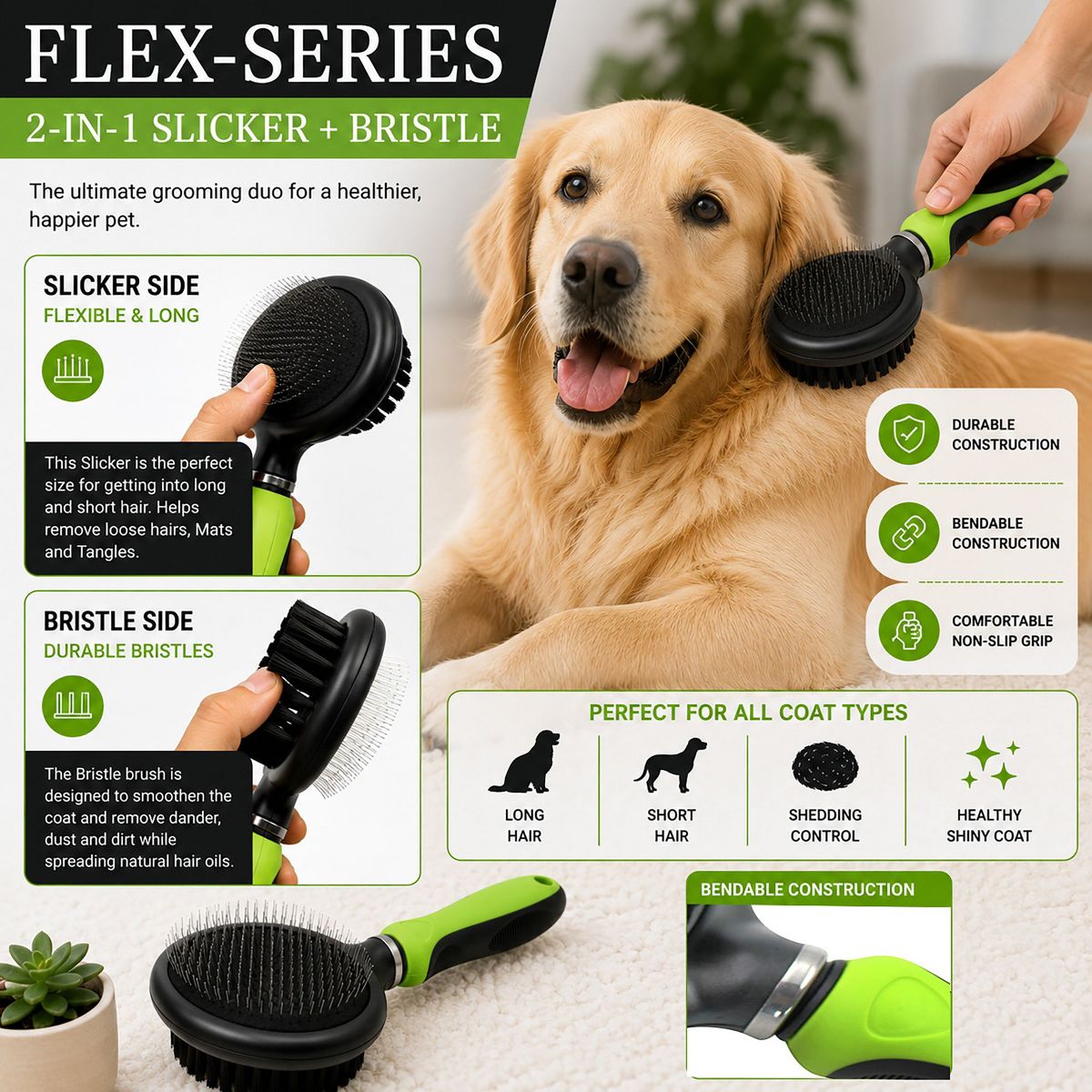 Pet Life Flex Series 2-in-1 Dual-Sided Slicker and Bristle Grooming Pet Brush, Green - thumbnail 2