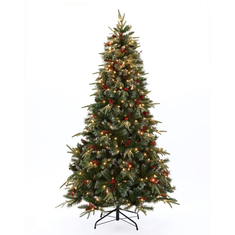 LuxenHome 6.9' Pre-Lit LED Artificial Full Pine Christmas Tree with Pine Cones and Red Holly Berries Green, 2 of 6